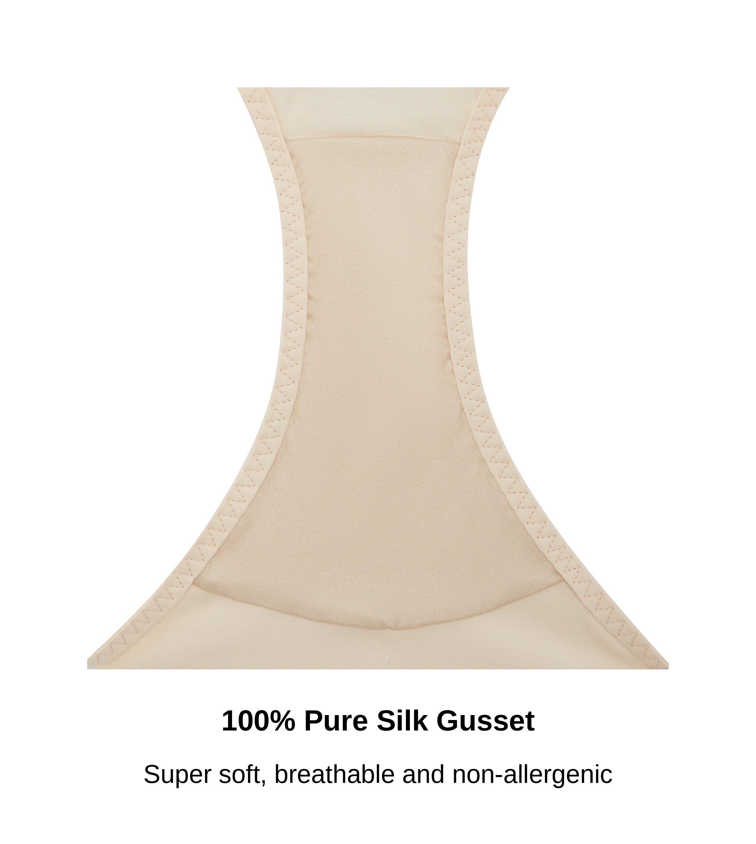 Close-up of the 100% pure silk gusset on the Ashley Luxe brief in beige, JulieMay Lingerie