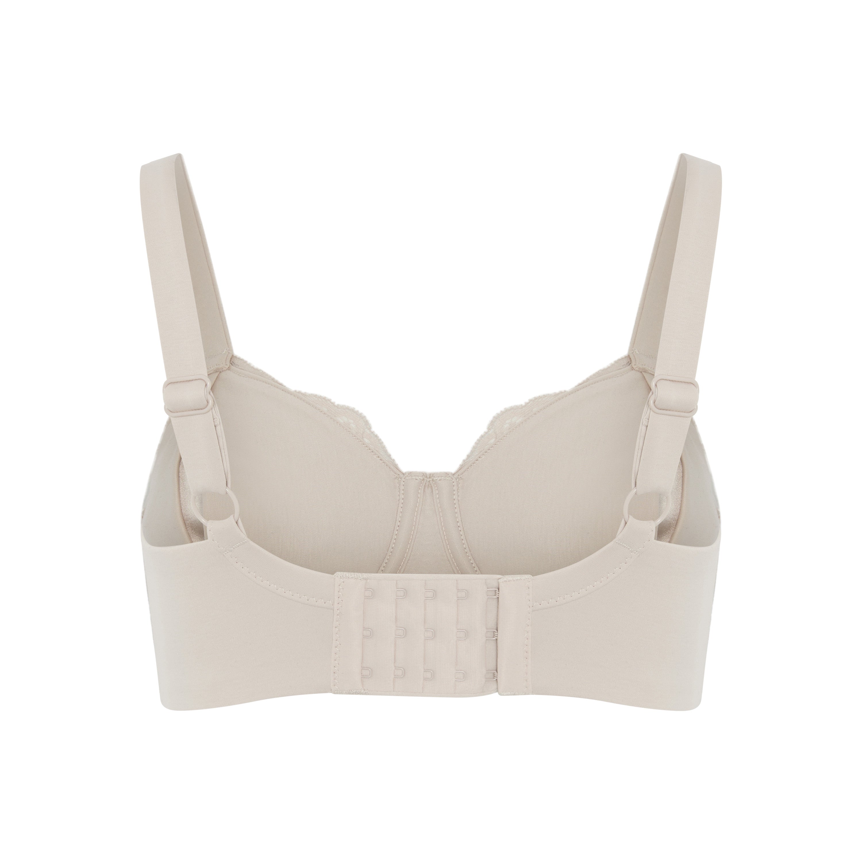 Glacie non-wired pocketed mastectomy bra in beige, back view showing the cotton wrapped band and hook and eye closure, JulieMay Lingerie