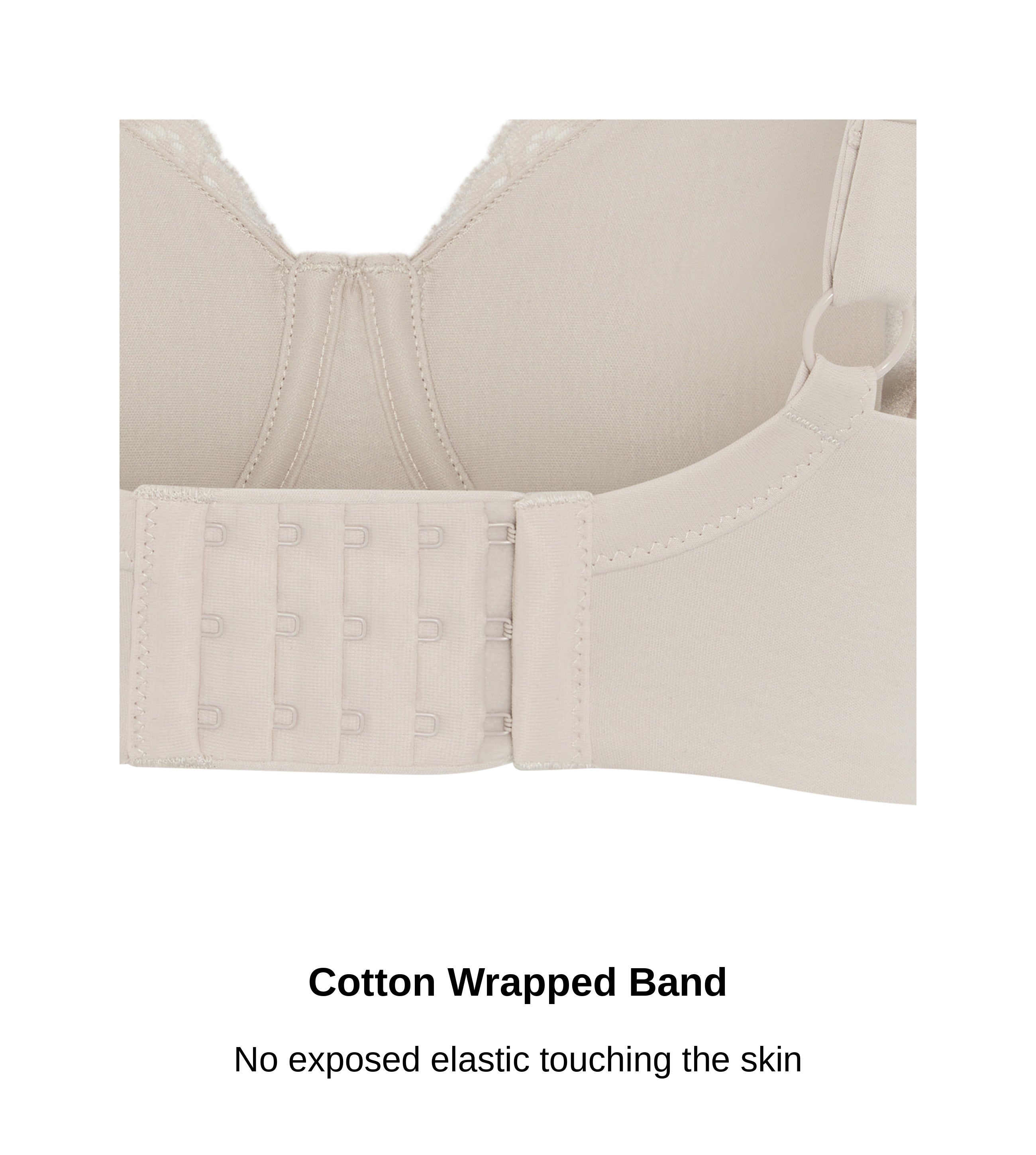 Close-up of the cotton wrapped band and hook and eye closure on the Glacie pocketed mastectomy bra, no exposed elastic, JulieMay Lingerie