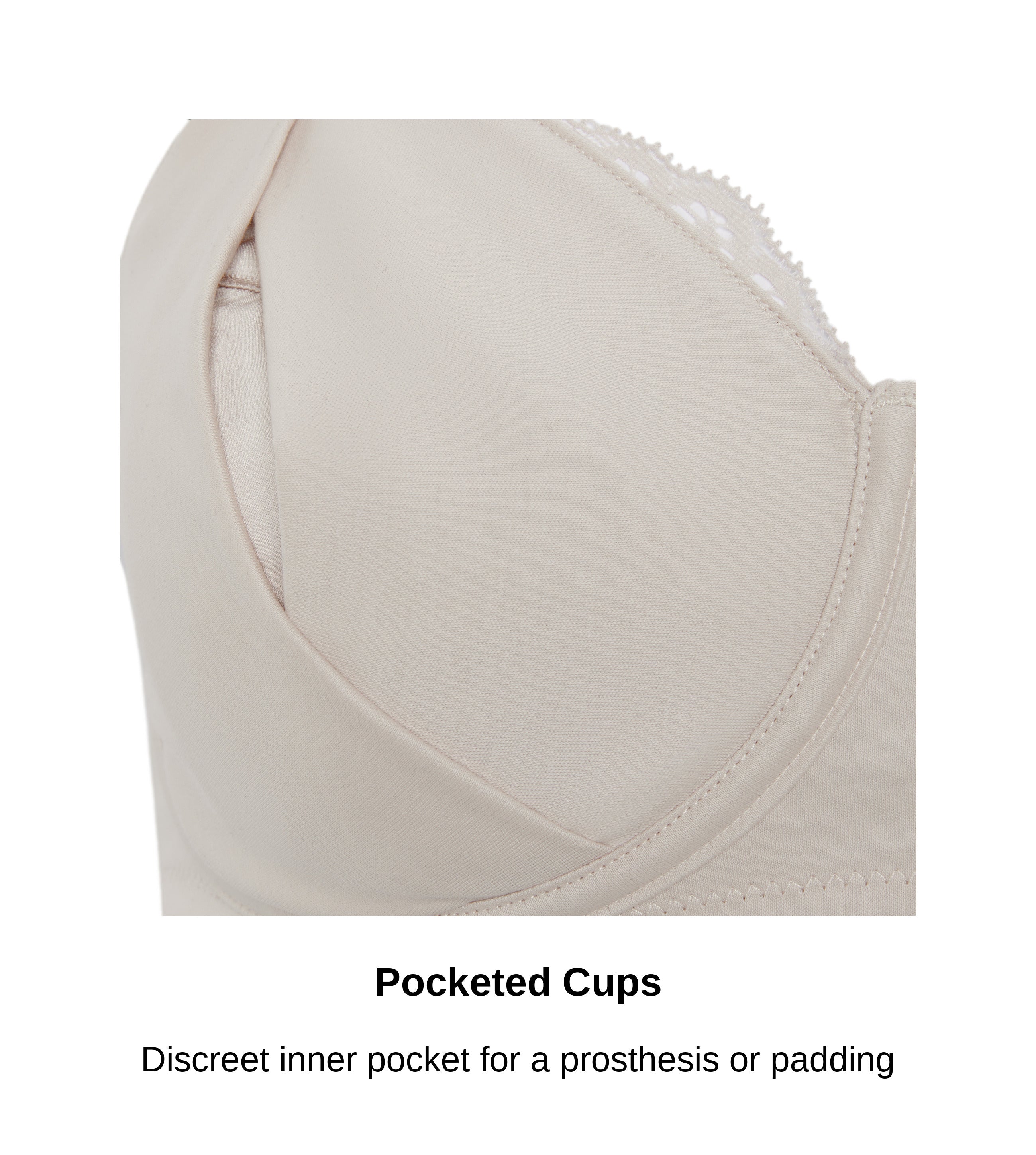 Close-up of the discreet prosthesis pocket opening inside the cup of the Glacie non-wired mastectomy bra, JulieMay Lingerie