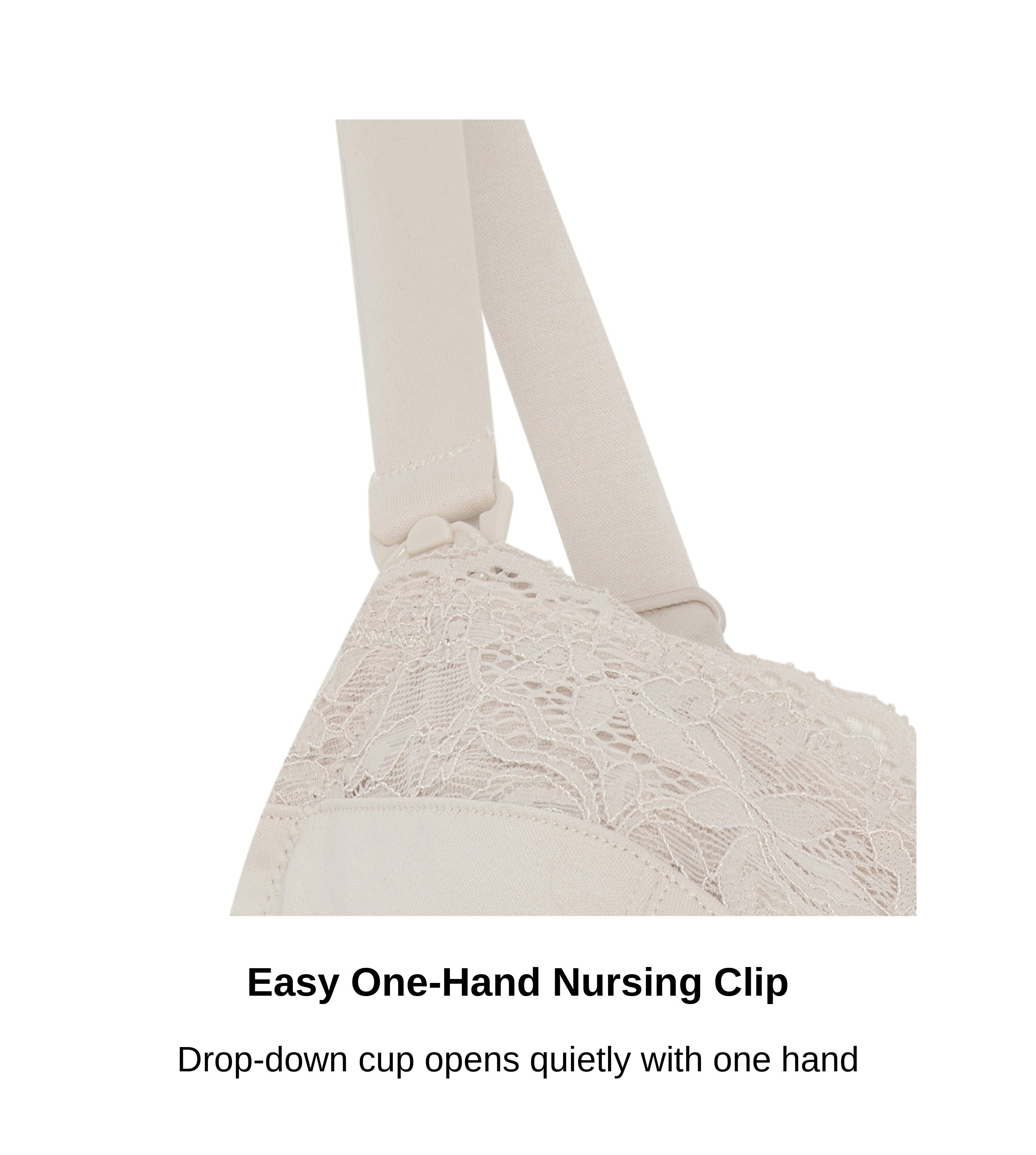 Close-up of the one-hand nursing clip and strap on the Glacie non-wired nursing bra, JulieMay Lingerie